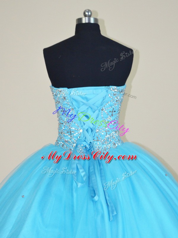 Aqua Blue Ball Gowns Sweetheart Sleeveless Tulle Floor Length Lace Up Beading Ball Gown Prom Dress