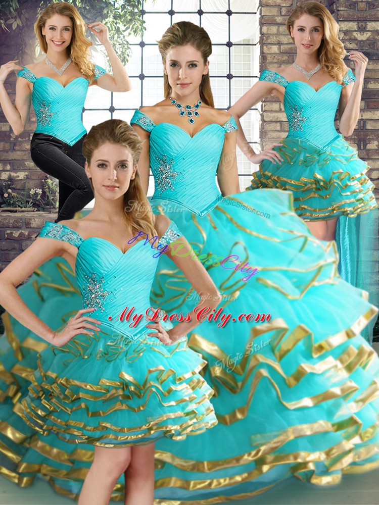 Elegant Aqua Blue Tulle Lace Up Off The Shoulder Sleeveless Floor Length Quinceanera Dress Beading and Ruffled Layers