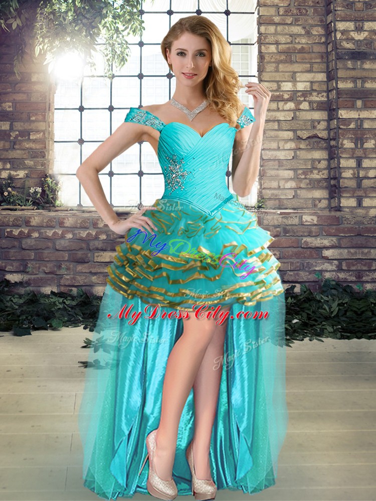 Elegant Aqua Blue Tulle Lace Up Off The Shoulder Sleeveless Floor Length Quinceanera Dress Beading and Ruffled Layers