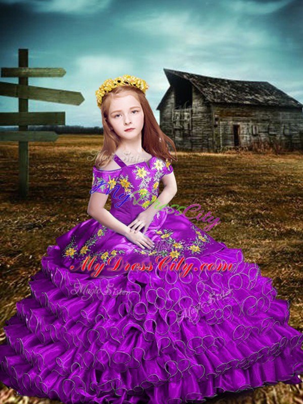 Purple Off The Shoulder Lace Up Embroidery and Ruffled Layers Little Girl Pageant Dress Short Sleeves