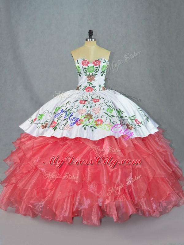 New Style Watermelon Red Lace Up Sweetheart Embroidery and Ruffles Sweet 16 Quinceanera Dress Satin and Organza Sleeveless