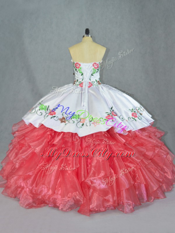 New Style Watermelon Red Lace Up Sweetheart Embroidery and Ruffles Sweet 16 Quinceanera Dress Satin and Organza Sleeveless