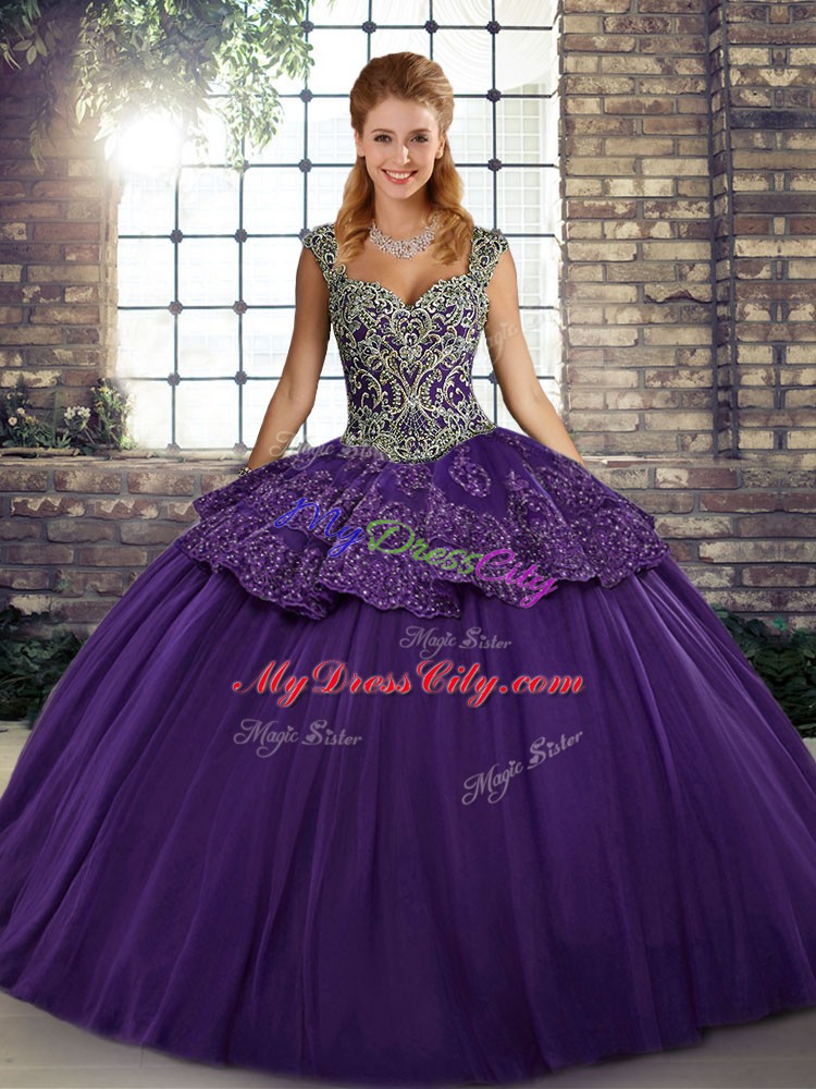 Purple Quince Ball Gowns Military Ball and Sweet 16 and Quinceanera with Beading and Appliques Straps Sleeveless Lace Up