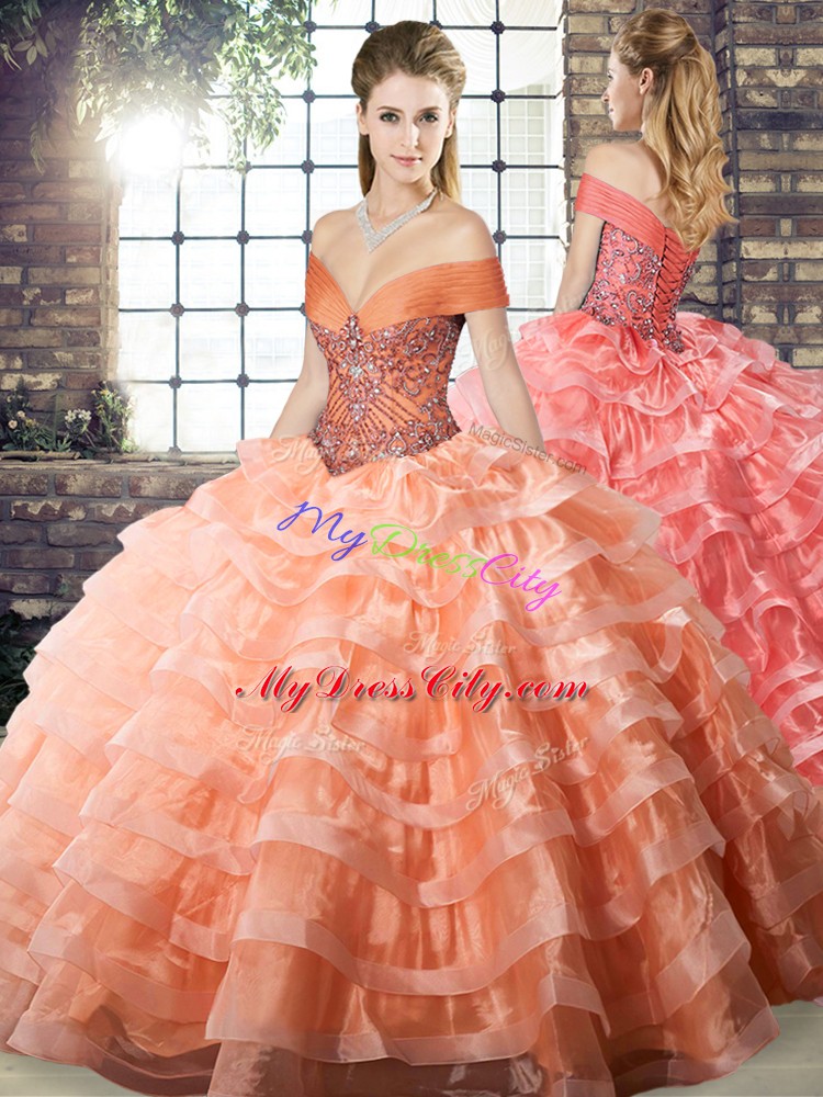 Peach Sleeveless Organza Brush Train Lace Up Quinceanera Dresses for Military Ball and Sweet 16 and Quinceanera