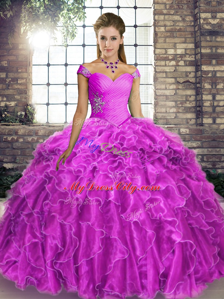 Exquisite Lilac Organza Lace Up Sweet 16 Dresses Sleeveless Brush Train Beading and Ruffles