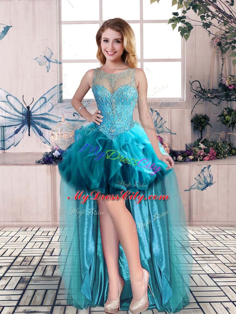 A-line Prom Dress Blue Scoop Tulle Sleeveless High Low Lace Up
