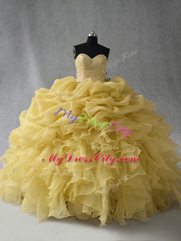 Affordable Sweetheart Sleeveless Lace Up Ball Gown Prom Dress Yellow Organza