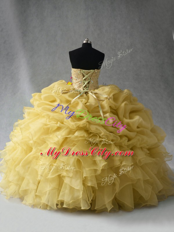 Affordable Sweetheart Sleeveless Lace Up Ball Gown Prom Dress Yellow Organza
