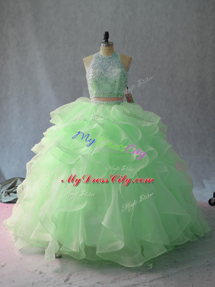 Backless 15 Quinceanera Dress Apple Green for Sweet 16 and Quinceanera with Beading and Ruffles