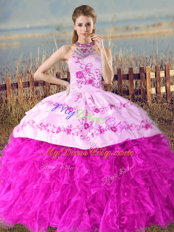 Court Train Ball Gowns 15 Quinceanera Dress Fuchsia Halter Top Organza Sleeveless Lace Up