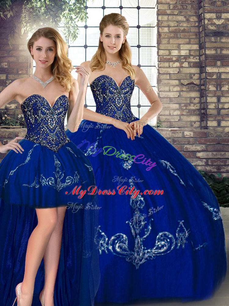 Floor Length Lace Up 15 Quinceanera Dress Royal Blue for Military Ball and Sweet 16 and Quinceanera with Beading and Embroidery