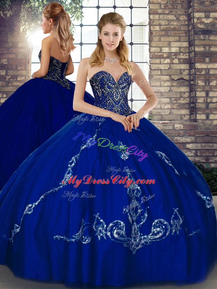 Floor Length Lace Up 15 Quinceanera Dress Royal Blue for Military Ball and Sweet 16 and Quinceanera with Beading and Embroidery