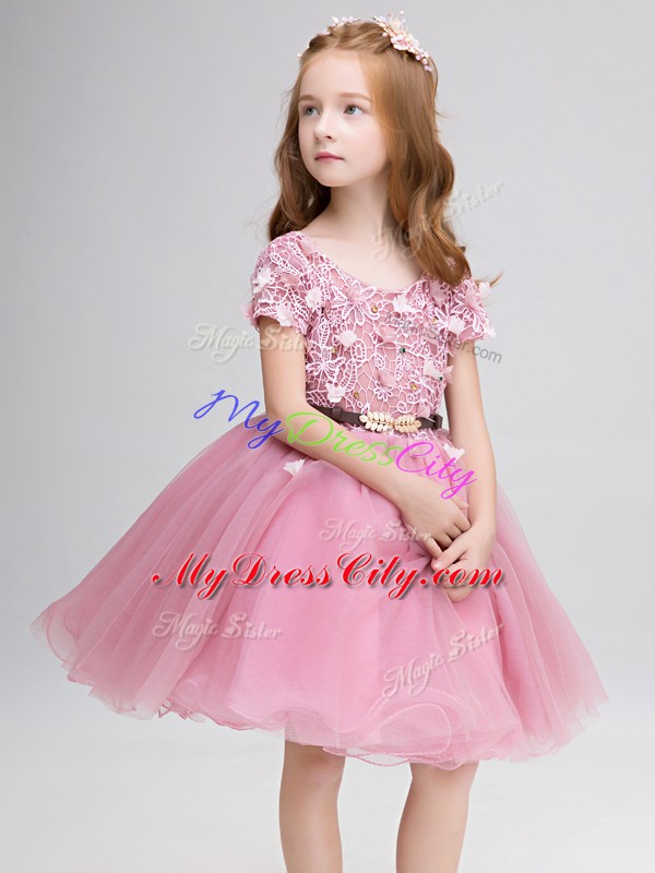 Scoop Short Sleeves Flower Girl Dresses for Less Mini Length Lace and Belt Pink Tulle