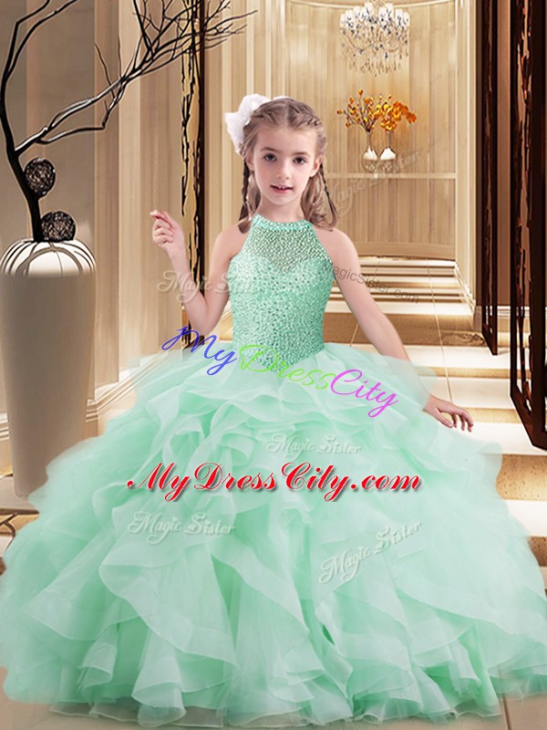 Apple Green Tulle Lace Up High-neck Sleeveless Floor Length High School Pageant Dress Beading and Ruffles