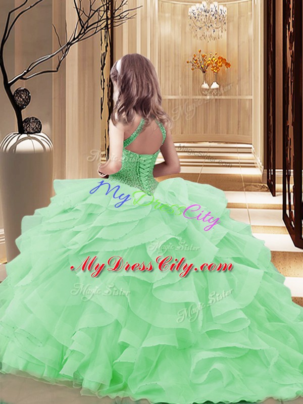 Apple Green Tulle Lace Up High-neck Sleeveless Floor Length High School Pageant Dress Beading and Ruffles