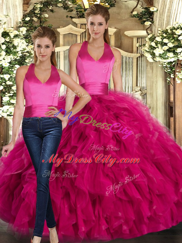 Fuchsia Sleeveless Ruffles Floor Length Sweet 16 Quinceanera Dress