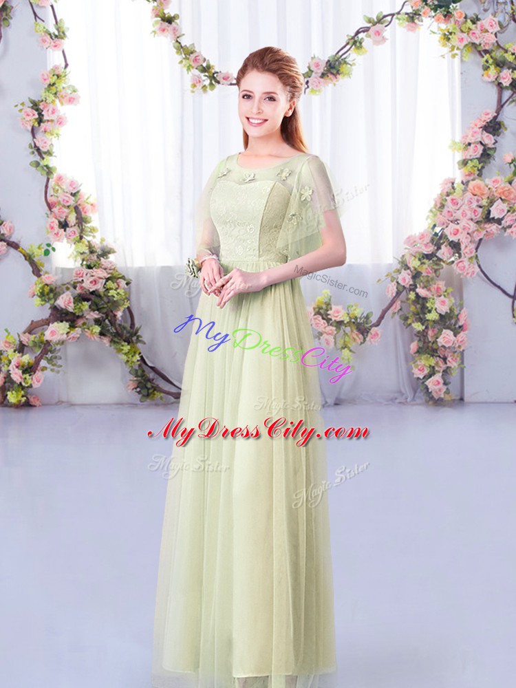 Scoop Short Sleeves Side Zipper Wedding Party Dress Yellow Green Tulle