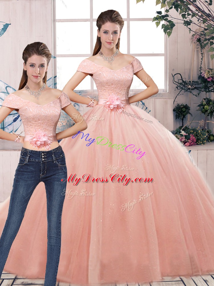 Floor Length Lace Up Quinceanera Gowns Pink for Military Ball and Sweet 16 and Quinceanera with Lace and Hand Made Flower