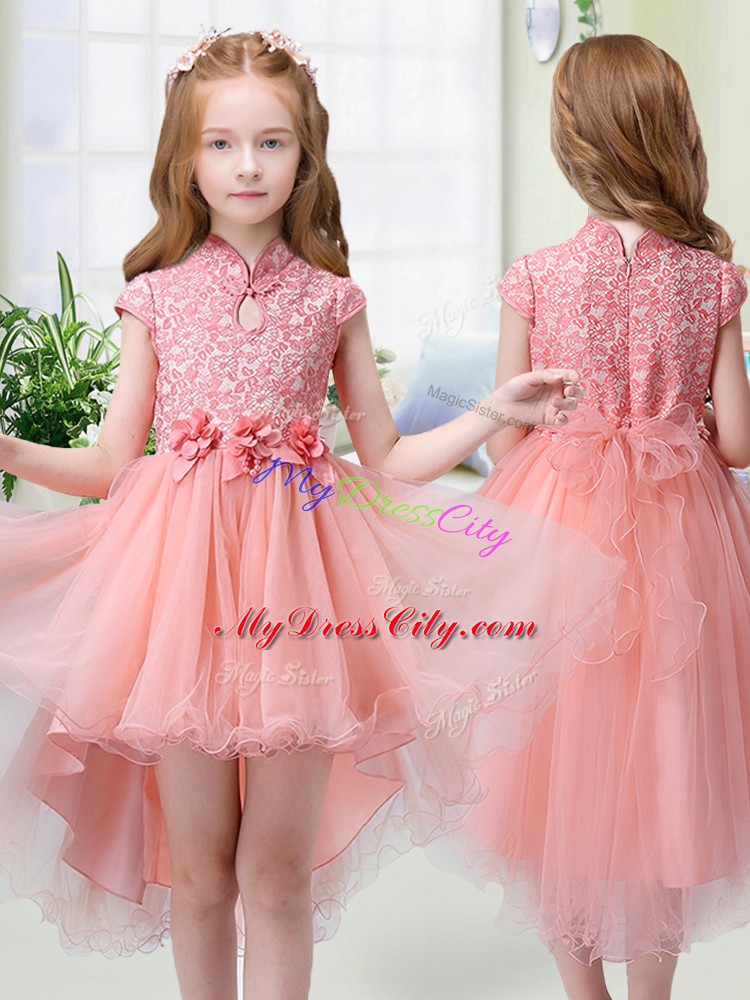 Excellent Peach Zipper Flower Girl Dresses Lace and Hand Made Flower Cap Sleeves High Low