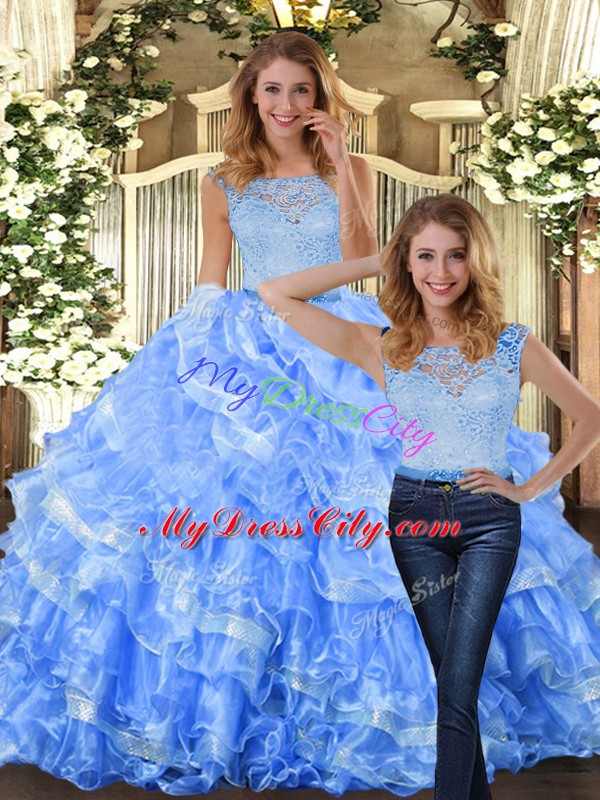 Light Blue Sleeveless Lace and Ruffled Layers Floor Length Ball Gown Prom Dress
