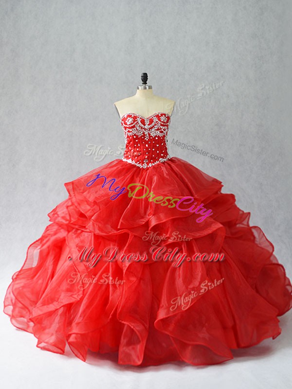 Best Ball Gowns Quinceanera Gowns Red Sweetheart Organza Sleeveless Floor Length Lace Up