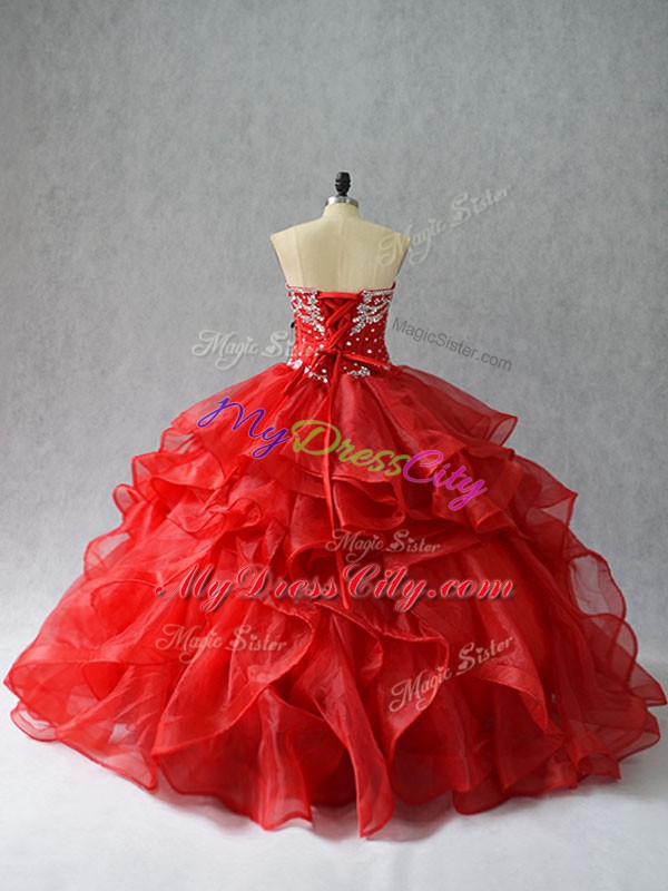 Best Ball Gowns Quinceanera Gowns Red Sweetheart Organza Sleeveless Floor Length Lace Up