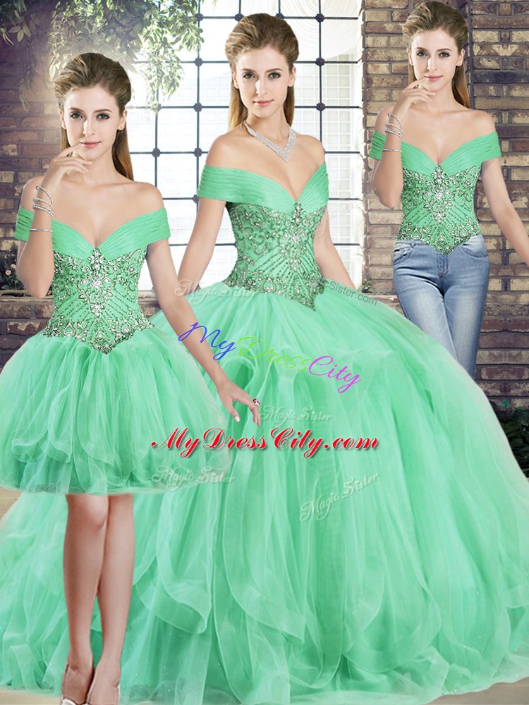 Apple Green Off The Shoulder Neckline Beading and Ruffles 15th Birthday Dress Sleeveless Lace Up