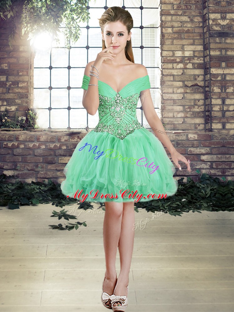 Apple Green Off The Shoulder Neckline Beading and Ruffles 15th Birthday Dress Sleeveless Lace Up