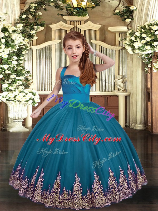 Teal Tulle Lace Up Little Girls Pageant Gowns Sleeveless Floor Length Appliques and Ruching
