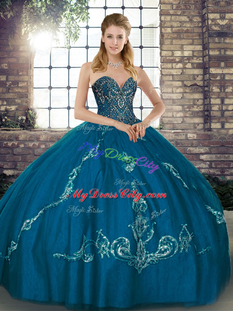 Discount Floor Length Blue Ball Gown Prom Dress Sweetheart Sleeveless Lace Up