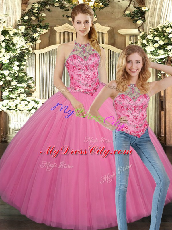 Floor Length Lace Up 15 Quinceanera Dress Rose Pink for Sweet 16 and Quinceanera with Embroidery