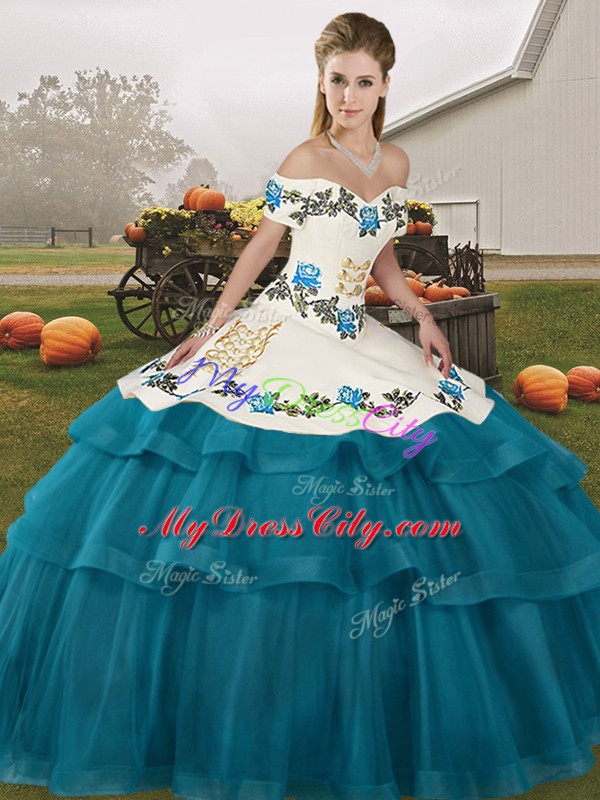 Attractive Off The Shoulder Sleeveless 15th Birthday Dress Brush Train Embroidery and Ruffled Layers Teal Tulle