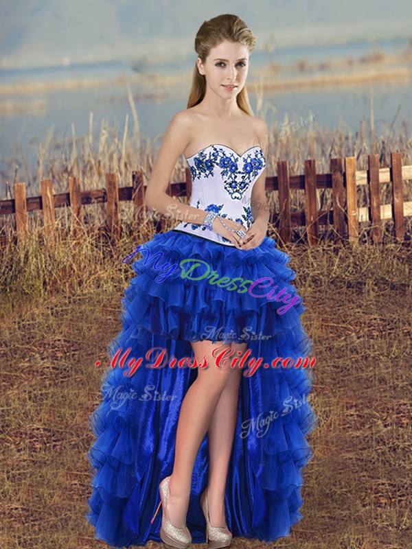 Organza Sweetheart Sleeveless Lace Up Embroidery and Ruffled Layers in Royal Blue
