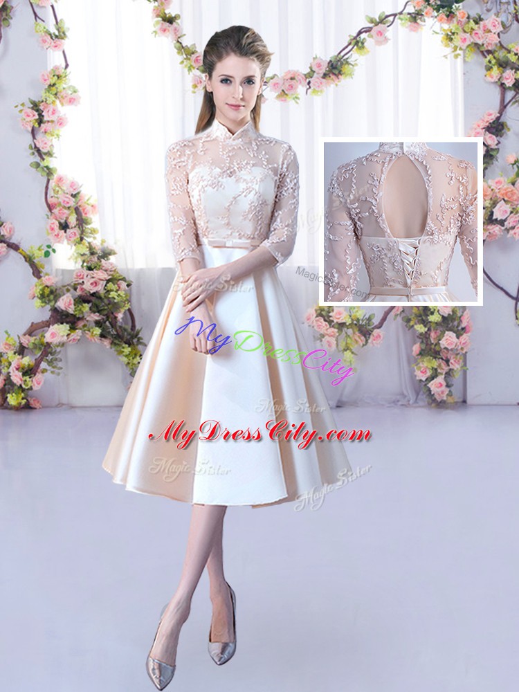 Super Champagne Half Sleeves Tea Length Lace and Belt Lace Up Dama Dress