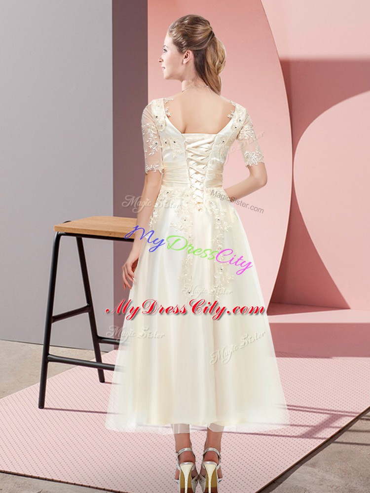 Fantastic Champagne Lace Up Bridesmaids Dress Beading and Lace Short Sleeves Tea Length