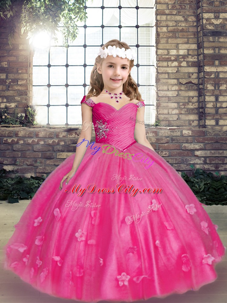 Gorgeous Sleeveless Lace Up Floor Length Beading and Hand Made Flower Pageant Dress for Teens