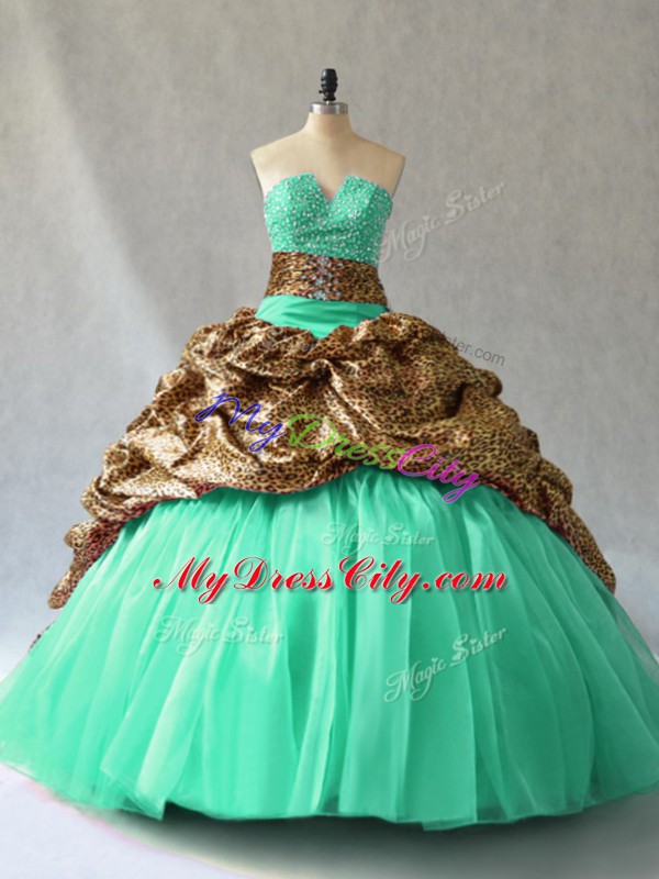 Turquoise Sleeveless Beading and Pick Ups Lace Up Sweet 16 Dresses