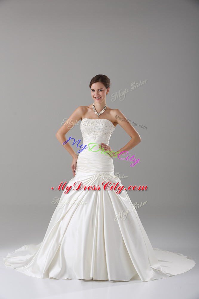 White A-line Taffeta Strapless Sleeveless Beading Lace Up Wedding Gown Brush Train