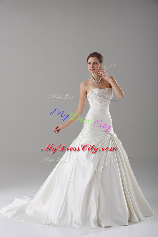 White A-line Taffeta Strapless Sleeveless Beading Lace Up Wedding Gown Brush Train