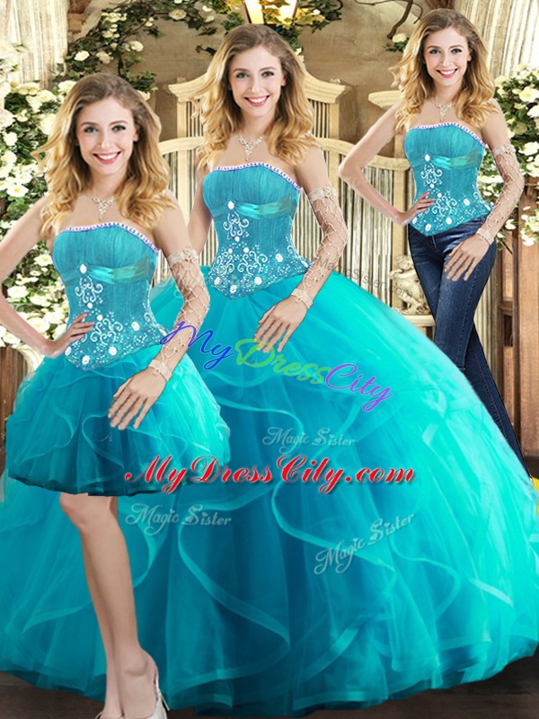 Aqua Blue Strapless Lace Up Beading and Ruffles Quinceanera Gowns Sleeveless
