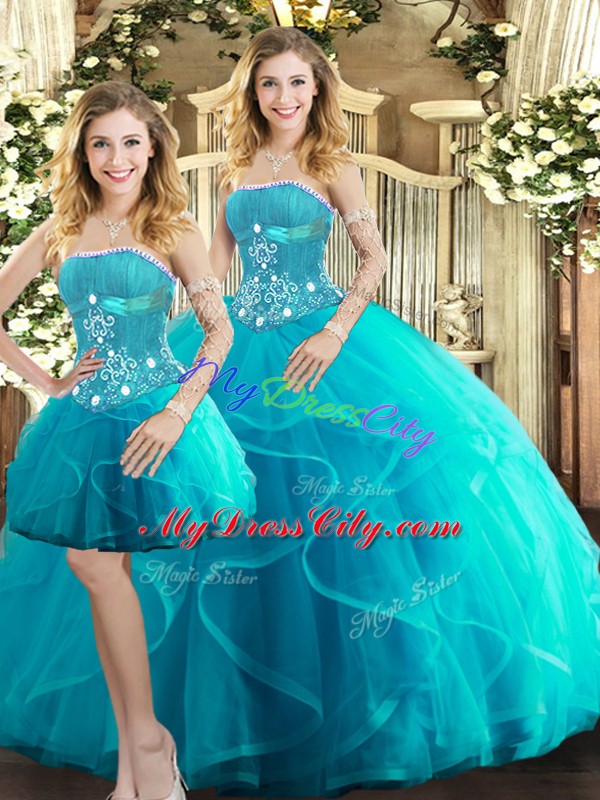 Aqua Blue Strapless Lace Up Beading and Ruffles Quinceanera Gowns Sleeveless