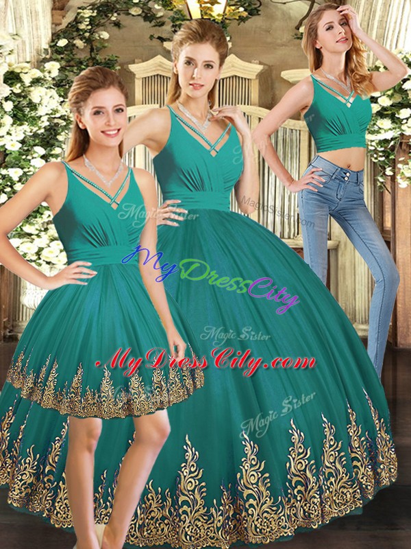 Suitable Sleeveless Backless Floor Length Embroidery Quince Ball Gowns