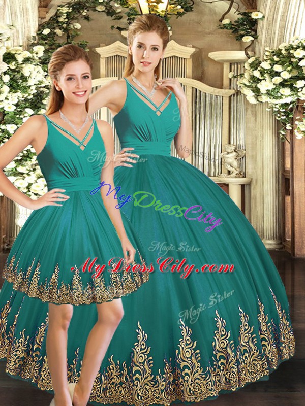 Suitable Sleeveless Backless Floor Length Embroidery Quince Ball Gowns