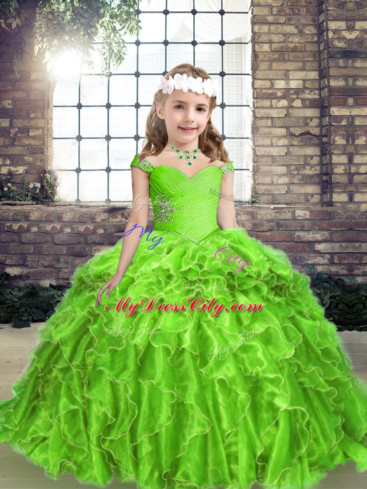 Sleeveless Organza Floor Length Lace Up Pageant Gowns in with Beading and Ruffles