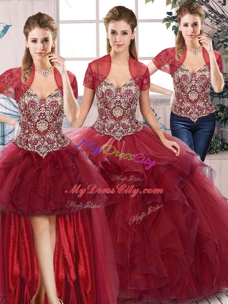 Super Burgundy Sleeveless Floor Length Beading and Ruffles Lace Up Ball Gown Prom Dress
