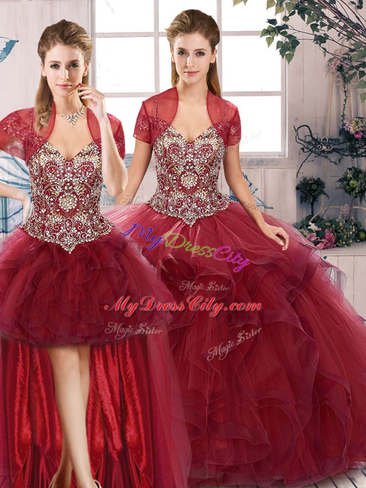 Super Burgundy Sleeveless Floor Length Beading and Ruffles Lace Up Ball Gown Prom Dress