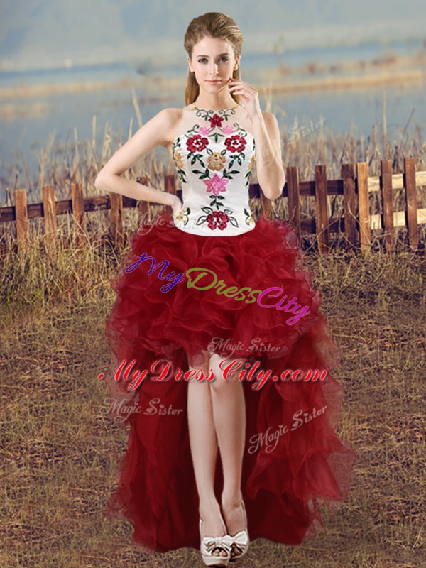 Wine Red Evening Dress Prom and Party and Military Ball with Embroidery Scoop Sleeveless Lace Up