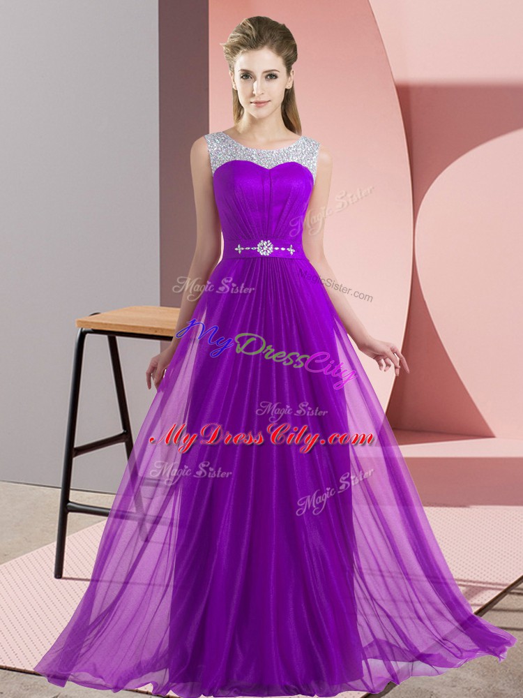 Purple Empire Chiffon Scoop Sleeveless Beading Floor Length Lace Up Bridesmaid Gown