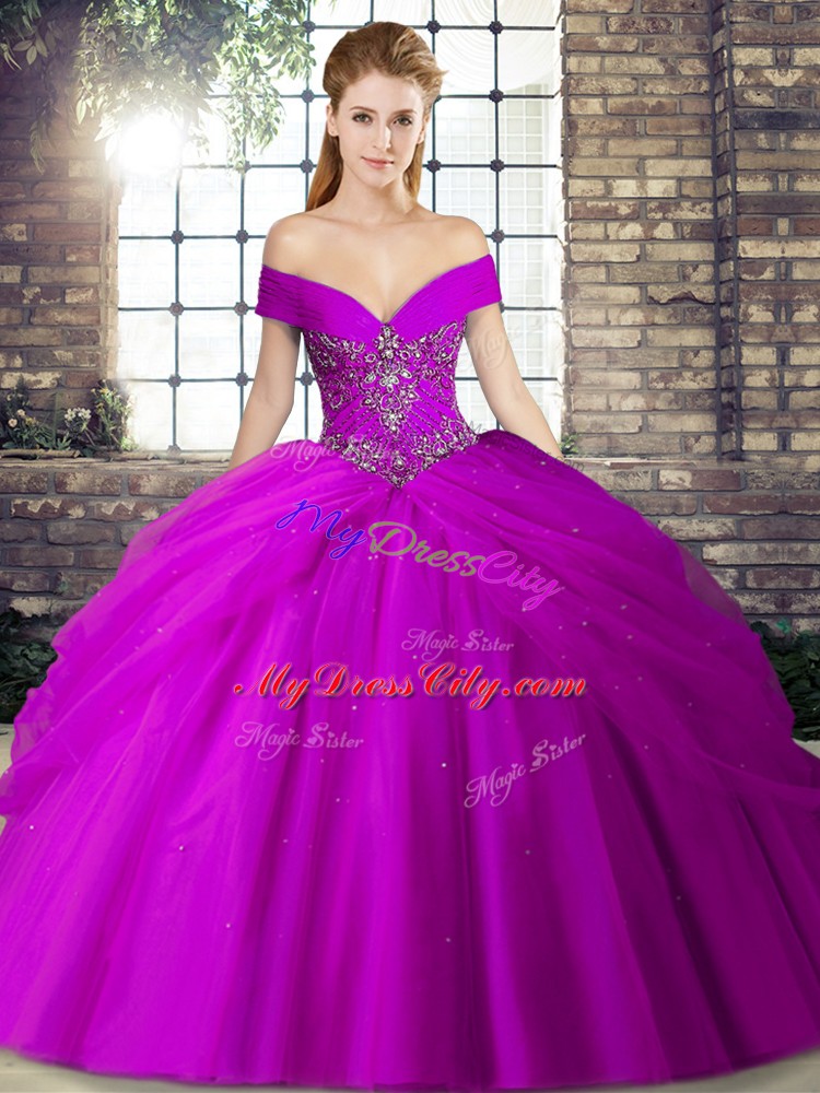 Sleeveless Beading and Pick Ups Lace Up Ball Gown Prom Dress with Purple Brush Train