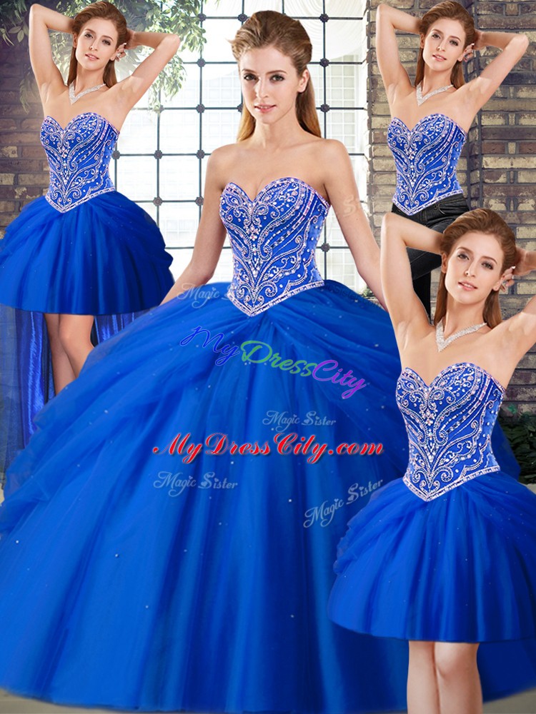 Hot Sale Royal Blue Sleeveless Tulle Brush Train Lace Up Ball Gown Prom Dress for Military Ball and Sweet 16 and Quinceanera